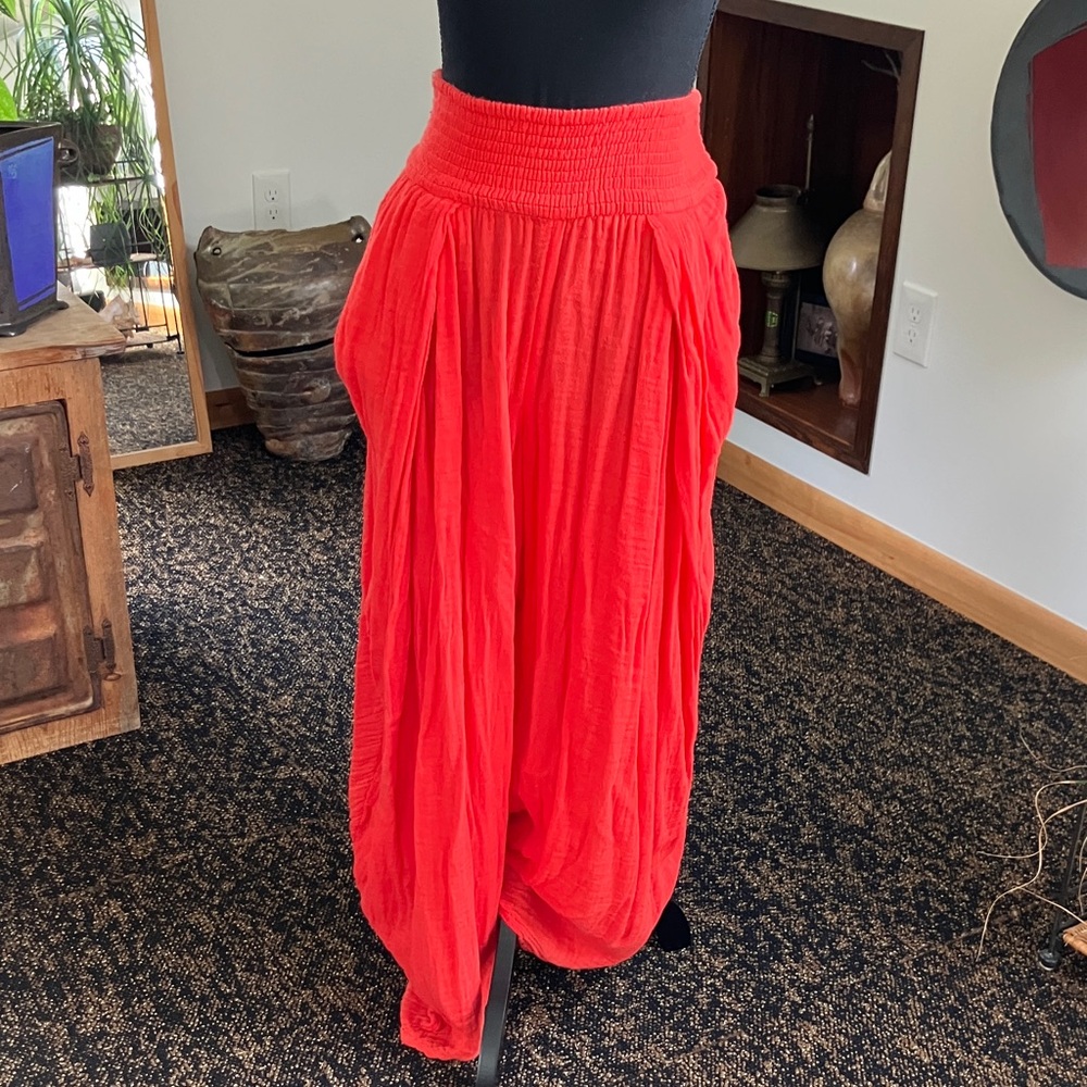 Free People Mika’s Pants, gauzy waffle texture, fiery orange, XS